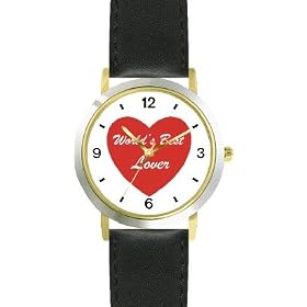 Red Heart - World's Best Lover - Love & Friendship Theme - WATCHBUDDY® DELUXE TWO-TONE THEME WATCH - Arabic Numbers - Black Leather Strap-Women's Size-Small