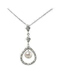 Sterling Silver CZs Freshwater Pearl Drop Necklace - 16 Inches