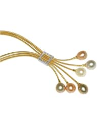 Natural Colored Fresh Water 10.00mm Multi-Colored Drop Pearls, Set on an 18K Yellow Gold Triple-Strand Hand-Woven Lariette Necklace, Enhanced with an Open Square of Pave-Set Diamonds.