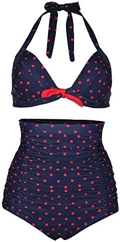 Lokebi Floral Polka Vintage High Waisted Bikini Swimsuits XXX-Large Navy Blue