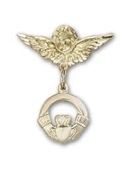 Gold Filled Baby Badge with Claddagh Charm and Angel w/Wings Badge Pin