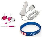 Apple iPod Classic 2nd Generation Accessory Bundle- Metal Bullet Pink Stereo Headset Earphones + Auto Car Vehicle Charger + Free Stars Stripes Wristband