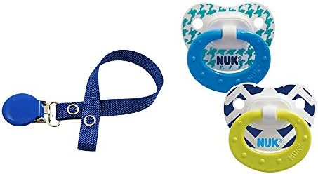 Nuk Boys Girls Bundle (2 Pack) Pacifiers Set with 1 Paci Pacifier Holder Clip (Blue Chevron 6-18m)