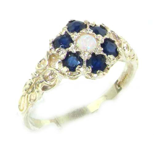 Victorian Ladies Solid Sterling Silver Natural Fiery Opal & Sapphire Daisy Ring - Finger Sizes 5 to 12 Available