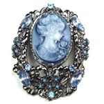 SAVE $13 - Blue Austrian Rhinestone & Beads Light Brown Color Lady Maiden Cameo Antique Silver-Tone Brooch Pin $11.95