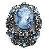 BlueAustrianRhinestone&BeadsLightBrownColorLadyMaidenCameoAntiqueSilver-ToneBroochPin