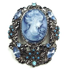Blue Austrian Rhinestone & Beads Light Brown Color Lady Maiden Cameo Antique Silver-Tone Brooch Pin