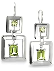 CleverEve Luxury Series Modern Double Square French Wire Dangling Sterling Silver Earrings w/ Genuine Peridot Center Stones