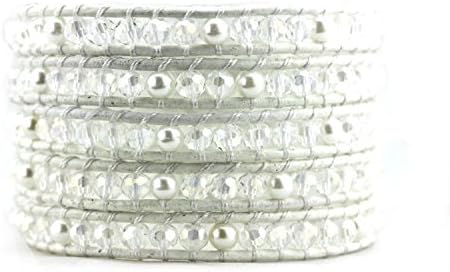 Wrap Bracelets - Friendship Bracelets - Handmade Leather Wrap Bracelet - Wrap Bracelets for Women - Five Rows 4mm Synthetic Pearl & White Crystals - Genuine White Leather Wrap Surf Bracelet 34" to 36" - 30-day Risk-free Money-back Guarantee!