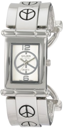 Golden Classic Women's 2181_Silver Shaggy Chic Silver Peace Sign Etched Bangle Watch