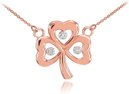 14k Rose Gold Shamrock Charm Three Diamond Clover Leaf Pendant Necklace