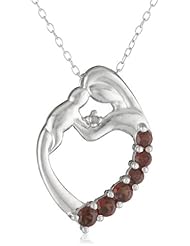 Sterling Silver, Diamond-Accent and Garnet Child and Mother Heart Pendant Necklace, 18"