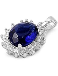 Sterling Silver Blue Sapphire Clear CZ Pendant Unique Charm Pure 925 New 17mm with 2mm Rope Chain