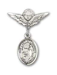 Sterling Silver Baby Badge with Our Lady of Lourdes Charm and Angel with Wings Badge Pin