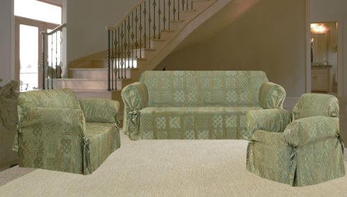 Home Decor 3Pcs Sage Plaid Jacquard Sofa / Loveseat / Chair Slipcover