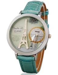 Tanboo Womens Eiffel Tower Analog Watch with Faux Leather Strap (Blue)
