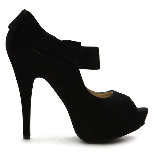 Ollio Women's Shoe Platform Open Toe High Heel Ribbon Accent Multi Color Pump (6.5, Black)