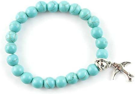 Natural Stone Bead Charm Bracelet, Turquoise with Silver Charm (Bird)