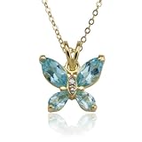 18k Gold Overlay Sterling Silver Blue Topaz Butterfly Pendant w/ Diamond Accent