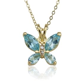 18k Gold Overlay Sterling Silver Blue Topaz Butterfly Pendant w/ Diamond Accent