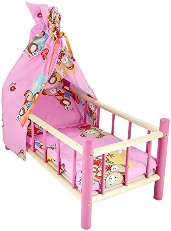 WOODEN PINK BED COT CRIB DOLLS WITH CANOPY TOY Fits Up to 50cm 19 Doll by GALDREW by GALDREW
