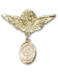 14K Gold Baby Badge with St. Alexander Sauli Charm and Angel with Wings Badge Pin