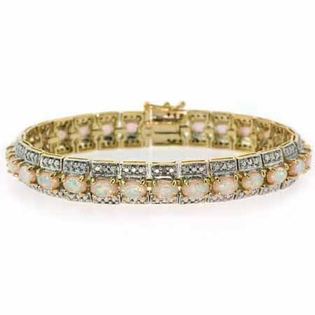 Vermeil (24K Gold over Sterling Silver) Simulated Fiery White Opal Genuine Diamond Accent Tennis Bracelet