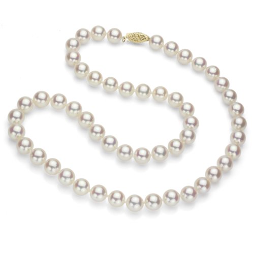 14k Yellow Gold 7-8mm White Japanese Saltwater Akoya Pearl High Luster Necklace 18″ Length, AAA Quality.