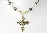 Emerald Green Crystal Rhinestone Bead Faux Pearl Ornate Cross Pendant Necklace