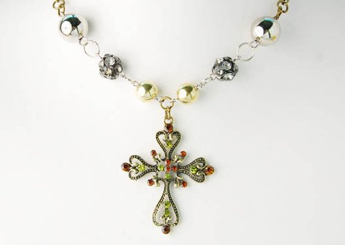Emerald Green Crystal Rhinestone Bead Faux Pearl Ornate Cross Pendant Necklace