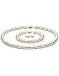 14k Gold 7.5-8mm White Freshwater Cultured Pearl Set AAA Quality, Set Includes Necklace, Bracelet, & Earrings