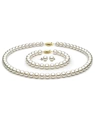 14k Gold 7.5-8mm White Freshwater Cultured Pearl Set AAA Quality, Set Includes Necklace, Bracelet, & Earrings