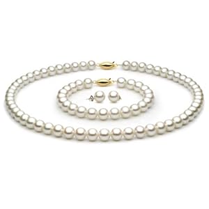 14k White Gold 7.5-8mm White Freshwater Cultured Pearl Set AAA Quality, Set Includes Necklace, Bracelet, & Earrings