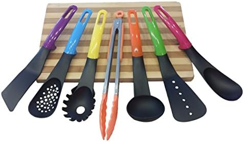 Kitchen Cooking Utensil Basic Essential Tool Set with Tongs - 7 Piece Multi Color Rainbow Hanging Non Stick