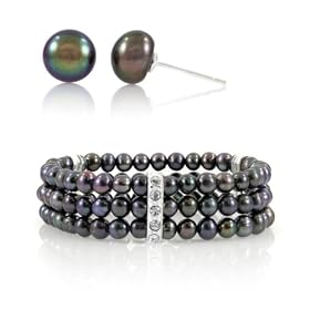 Regina's Freshwater Pearl Bracelet and Earrings Set: Black