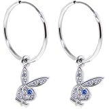 Playboy Rabbit Head Silver HOOP RHINESTONE Paved BLUE Eye EARRINGS