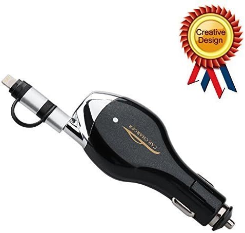 Car charger, Paratron Retractable USB cable Portable Charger 2in1 Charging Connector Compatible to Most Devices, Black