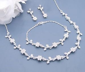 Feines Brautschmuckset Kette Ohrstecker Armband Blumen Kristall