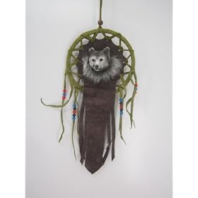Small 35cm x 11cm Dreamcatcher Wolf Face Real Leather Indian Green u45