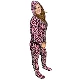 PajamaCity Pink Leopard Spot Print Hooded Footed Pajamas for Teens and Adults Size 4 (5'4" to 5'5")