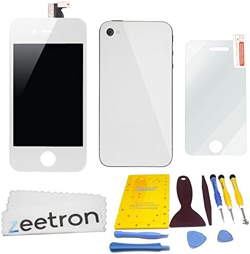 Zeetron Front Screen Digitizer LCD Assembly and Back Door for iPhone 4 AT&amp;T/GSM - White + Tools + Screen Protector + Cloth