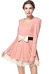 Lace   Belted Long Sleeves  Dress With a Bow(s) and Pearls