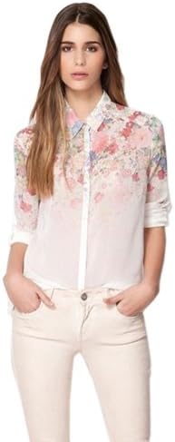 Lapel Collar Button Flowers Chiffon Long Sleeve Women Shirt White Color Large