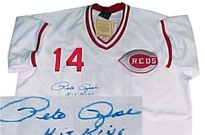 Pete Rose Autographed/Hand Signed Cincinnati Reds Majestic Throwback White Baseball jersey with Hit