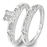 3/8 Carat T.W. Round, Princess Cut Diamond Ladies' Bridal Wedding Ring Set 10K White Gold - Two Rings: Ladies Engagement Ring and Ladies Wedding Band - Free Gift Box -