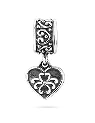 Best Gift , Sterling Silver Antiqued Heart with Scroll Design Dangle Charm, Fits Pandora and All Brands Charm Bracelets and Necklaces.