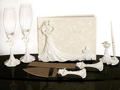 Bride and Groom Calla Lilys Wedding Set: Guest Book, Pen Set, Cake Serving Set, Toasting Flutes