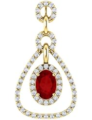 14K Yellow Gold 7.00x5.00mm Oval Cut Ruby and Diamond Tear Drop-Style Articulated Pendant -- LIFETIME WARRANTY