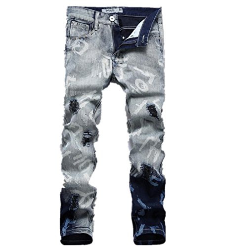 Krralinlin Mens Juniors Stitching Slim Fit Ripped Distressed Skinny Jeans
