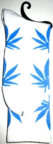 Weed Socks Marijuana Design White with Blue Leaves